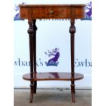 20th century French mahogany kidney shaped crossbanded table with a single drawer and undershelf