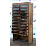 Haberdashery cabinet with twenty glass fronted drawers above an open section, H198cm x W94cm x