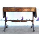 19th century mahogany sofa table, the satinwood crossbanded top above one short drawer to each