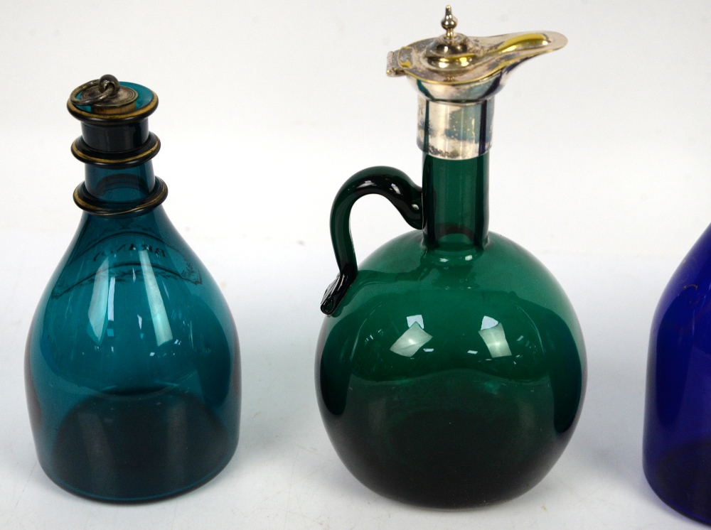 19th century blue/green glass decanter and stopper with two-ring neck, gilt highlights and - Image 3 of 3