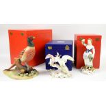 Royal Crown Derby bone china models of peacocks, decorated by Plant and Griffiths, another of a