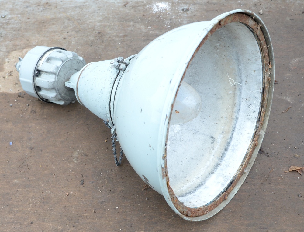 Two Industrial enamel pendant lights (no glass), H70cm and H80cm