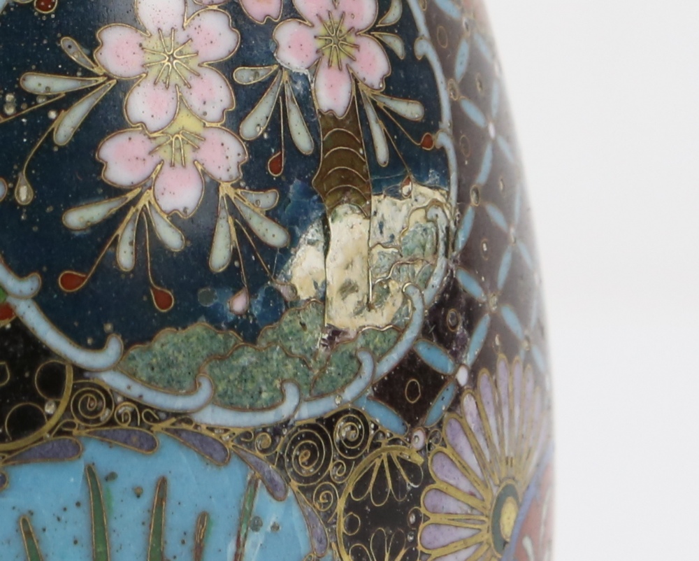Pair of cloisonne stem vases decorated with flowers to the neck, and butterfly and cherry blossom - Image 6 of 8