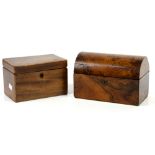 19th century walnut dome topped tea caddy, relined interior, H14 x W22 x D12.5cm, together with an