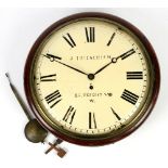 19th century mahogany cased single fusee wall clock, cast bezel, the painted dial with Roman