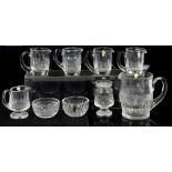 Waterford crystal water jug, h15.5cm, 5 small jugs between 9.5cm and 11cm high, 2 sugar bowls, 9.5cm