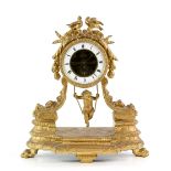French gilt spelter mantel clock with swinging cherub pendulum and giltwood stand, 36cm high,