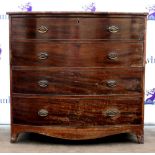 19th century mahogany bow fronted chest of four long graduated drawers on splayed bracket feet. 109W
