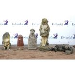 Collection of garden ornaments, to include composite stone statue of a girl holding her dress,