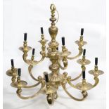 Large brass twelve branch chandelier, with C-scroll branches on baluster support, H101cm Diameter