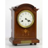 Early 20th century inlaid mahogany mantel clock, enamel dial with Arabic numerals, with Junghans