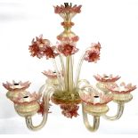 Murano clear and pink glass six branch chandelier, with flowering stems, H52cm W62cm