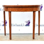 George III demi-lune folding card table the figured mahogany top with crossbanded rosewood,