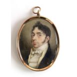 19th century portrait miniature depicting a gentleman with dark hair wearing a cravat, painted on