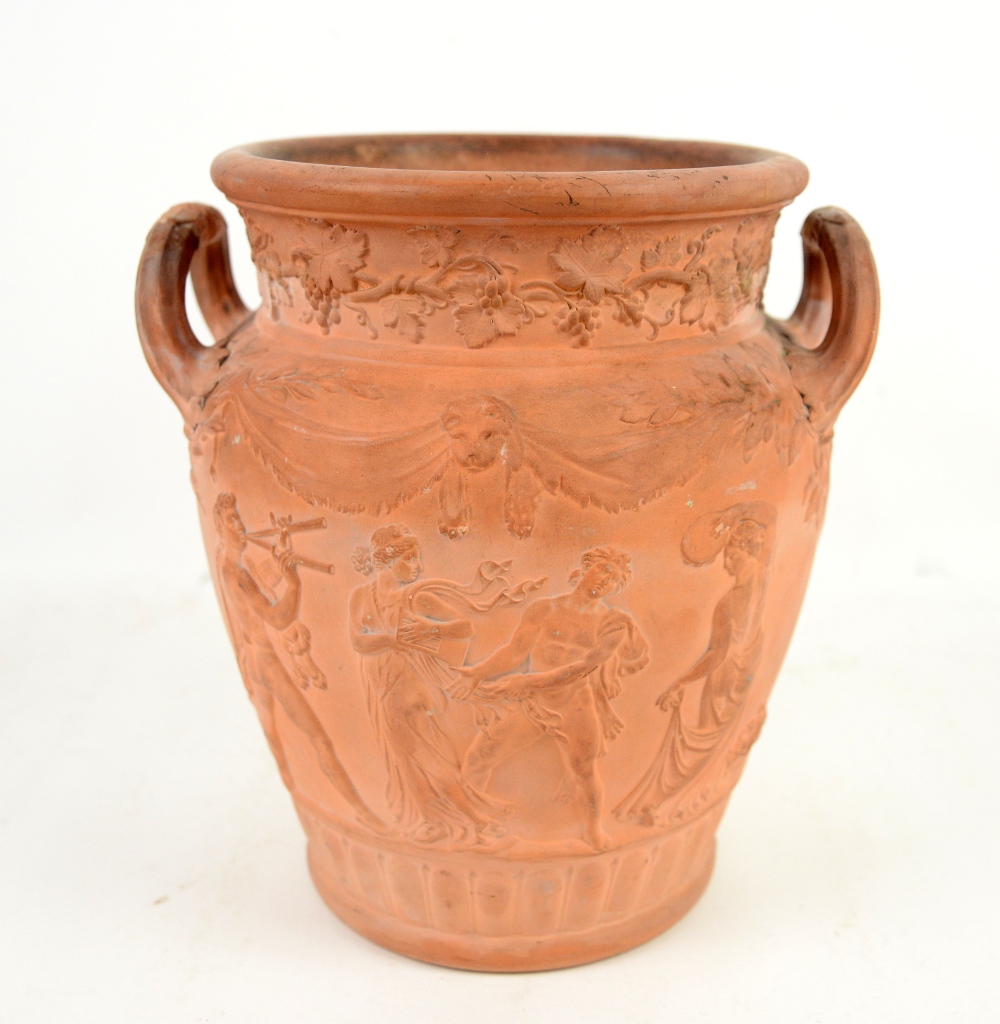 Wedgwood terracotta two handled urn moulded with Bacchanalian figures after the antique, the base - Image 2 of 3