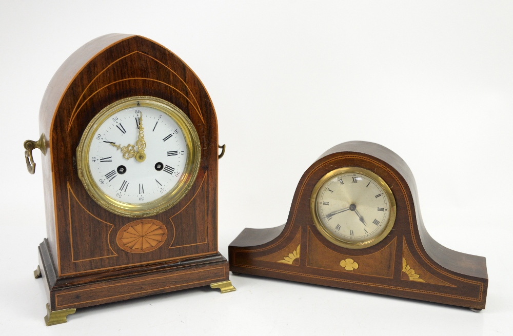 Early 20th century inlaid rosewood mantel clock of lancet form, white enamel dial with Roman hour