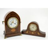 Early 20th century inlaid rosewood mantel clock of lancet form, white enamel dial with Roman hour