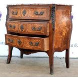 20th century French kingwood and marquetry inlaid brass metal mounted bombe commode, the