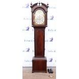 20th century mahogany eight-day longcase clock with twin-train movement, the silvered dial with