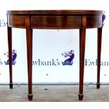 19th century mahogany crossbanded and line inlaid demi-lune card table with folding top, raised on