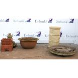 Composite garden planter decorated with rosettes, H44cm Diameter 58cm, together with a terracotta