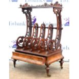 Late 19th century burr walnut Canterbury with pierced foliate frame and four compartments above a