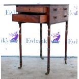 Early 19th century mahogany drop leaf writing table with two frieze drawers, one drop flap drawer(