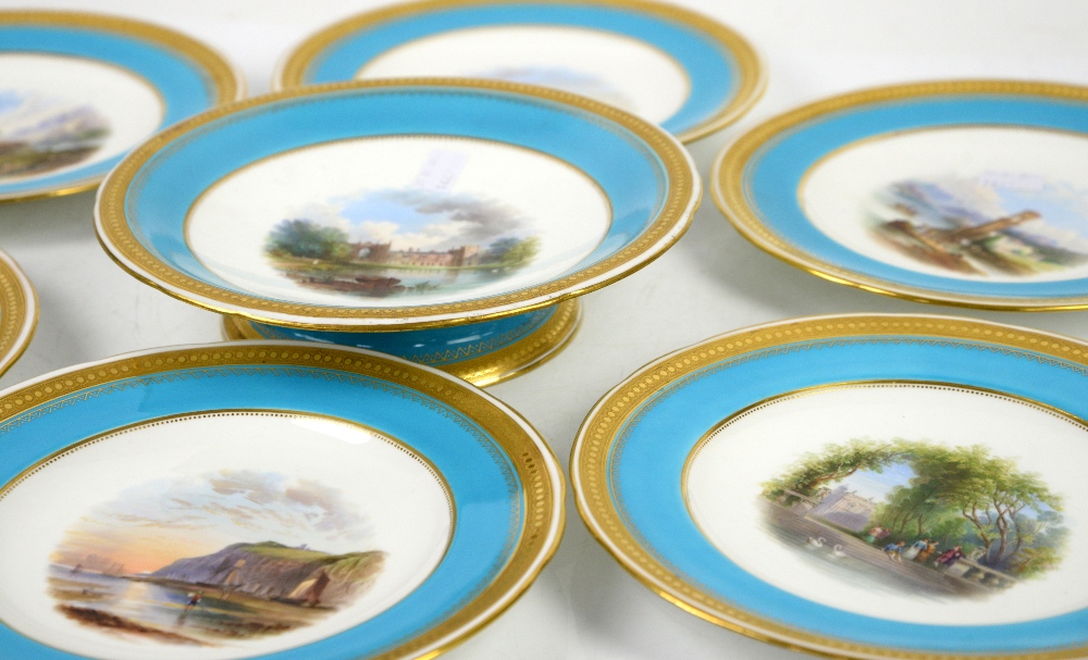 Minton part dessert service each piece painted with a Scenic view within turquoise and gilt tooled - Image 2 of 2