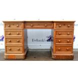 Late 19th century mahogany breakfront pedestal desk, the top with a leather writing surface and