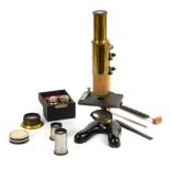 E. Leitz Wetzlar microscope, with lenses, slides and tools and cased set of two E. Leitz lenses,