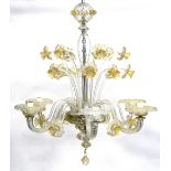 Murano clear and white glass six branch chandelier, with flowering stems, H90cm Diameter 72cm