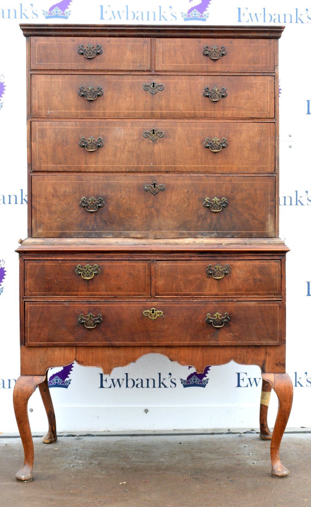 19th century mahogany chest-on-stand, the moulded cornice above two short over three long line