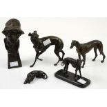 Bronze model of a greyhound h13.5cm, and other cast metal models including a lion 8cm long and