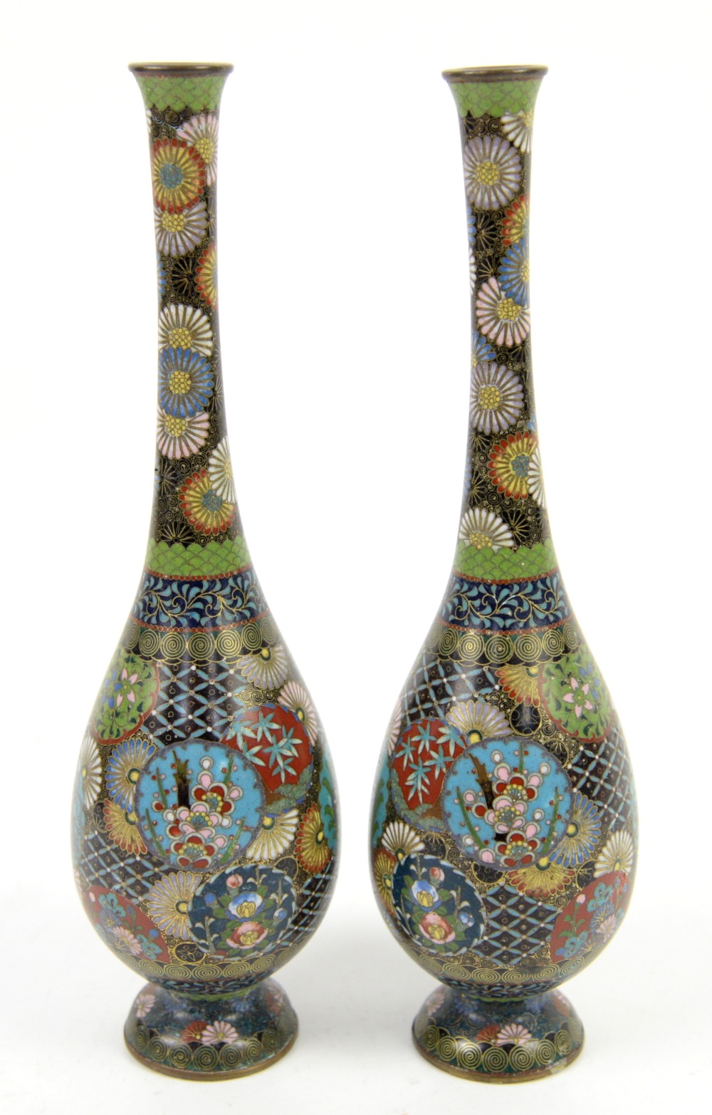 Pair of cloisonne stem vases decorated with flowers to the neck, and butterfly and cherry blossom - Image 3 of 8