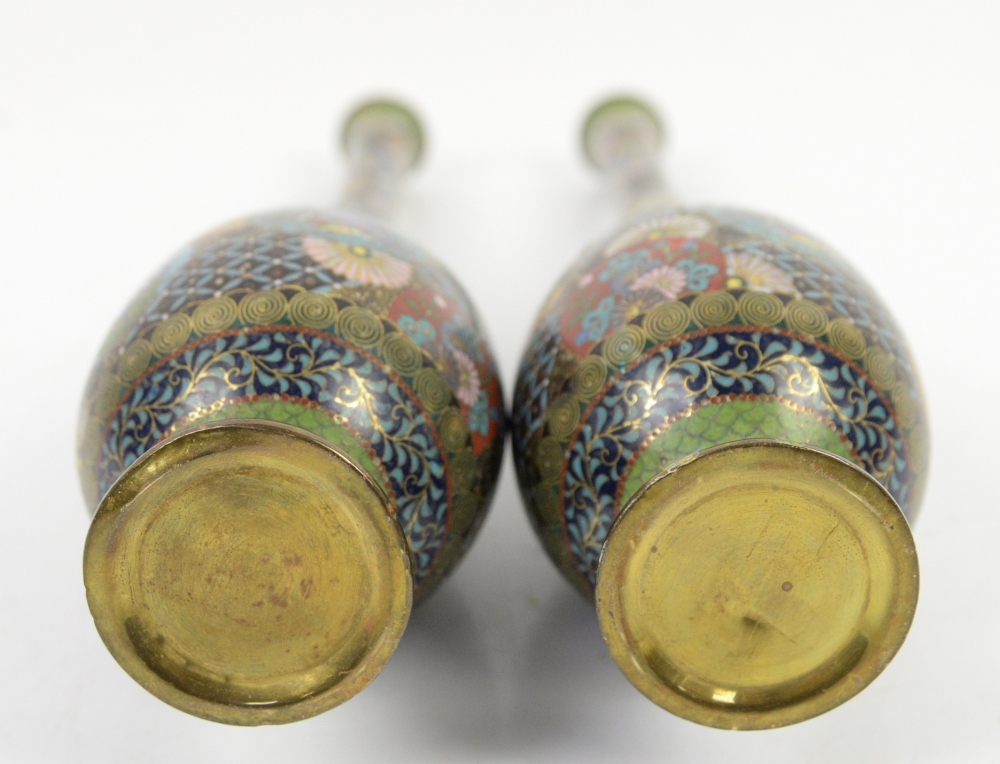 Pair of cloisonne stem vases decorated with flowers to the neck, and butterfly and cherry blossom - Image 5 of 8