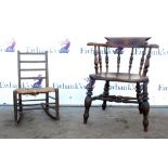 19th century smoker's elm armchair and a rush seated child's mahogany rocking chair.