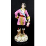 German porcelain figure of a gentleman holding his hat, marked with blue crossed arrows