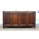 18th and later oak panelled coffer on block feet. 72H x 138W x 61D (cm)