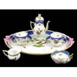 Herend cabaret service, comprising teapot with rose finial decorated with birds and insects,
