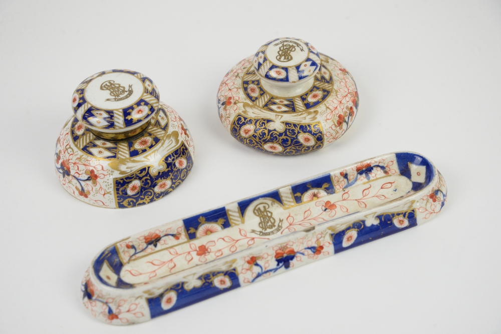 19th century Crown Derby style Imari pattern desk set, including ink well, ink blotter, and pen