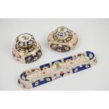 19th century Crown Derby style Imari pattern desk set, including ink well, ink blotter, and pen