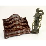 Mother-of-pearl inlaid letter stand with Chinese decoration, h21cm, and a jade oriental dancer, 28cm