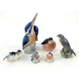 Royal Copenhagen Kingfisher group no.1769, h18cm, and five Royal Copenhagen birds nos. 1516, 2266,