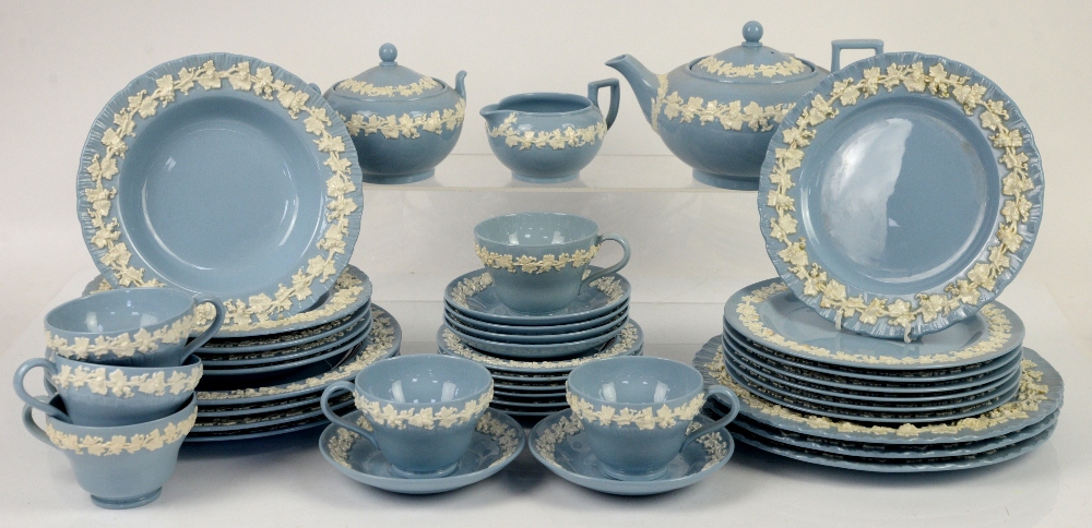 Wedgwood Etruria Embossed Queens Ware Part Tea and Dinner Service in blue and white, comprising 6