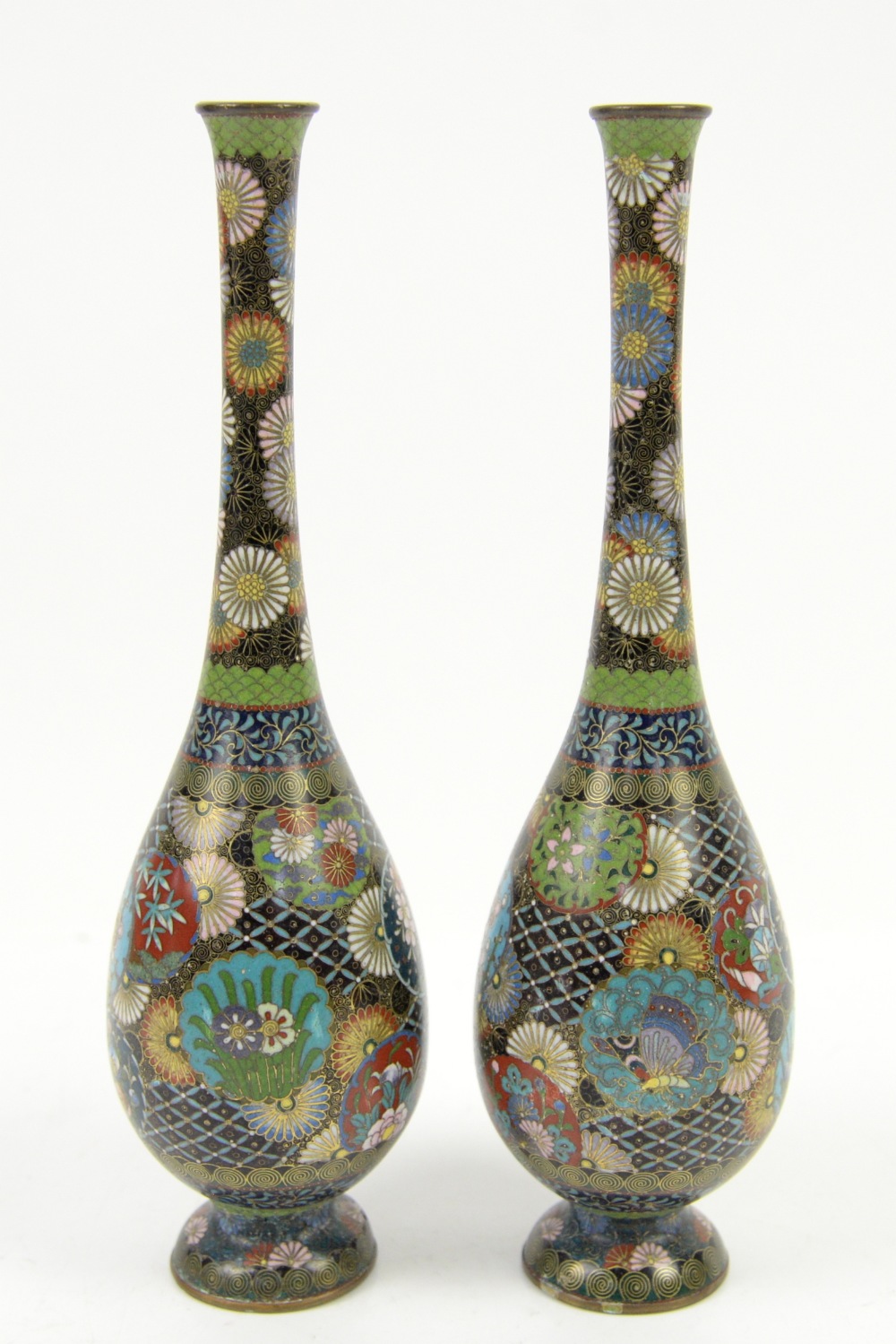 Pair of cloisonne stem vases decorated with flowers to the neck, and butterfly and cherry blossom - Image 2 of 8