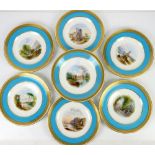 Minton part dessert service each piece painted with a Scenic view within turquoise and gilt tooled