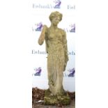 Reconstituted stone statue of a Classical maiden with floral headdress, on rectangular base, H135cm