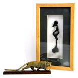 Framed African tribal carving of fertility figure of a man, H18cm, together with an Indian carved