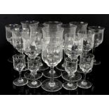 Baccarat Capri glasses, six red wine h17cm, seven white wine h15.5cm, three liqueur h9.5cm, and a