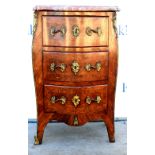 19th century French kingwood crossbanded and gilt metal mounted chest, the serpentine marble top
